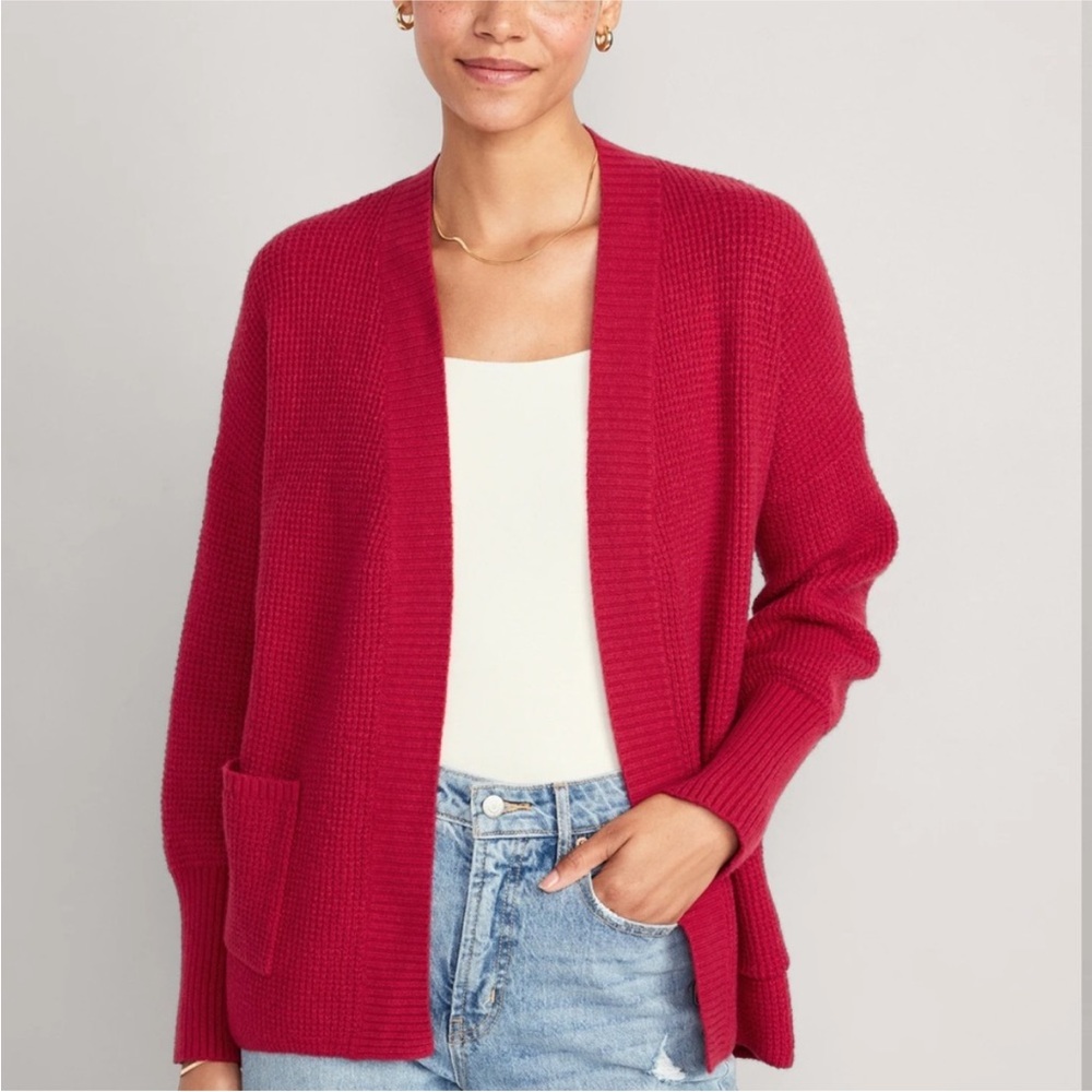 old navy Womens SoSoft Waffle-Knit Cocoon Cardigan Small Red Wine Cozy Holiday